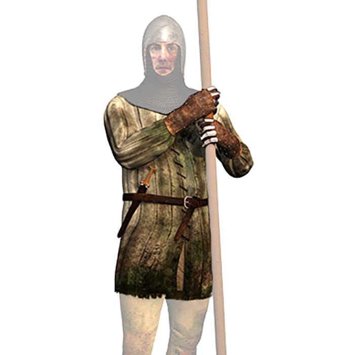 A CGI depiction of a medieval foot soldier, wearing a highlighted padded tunic.