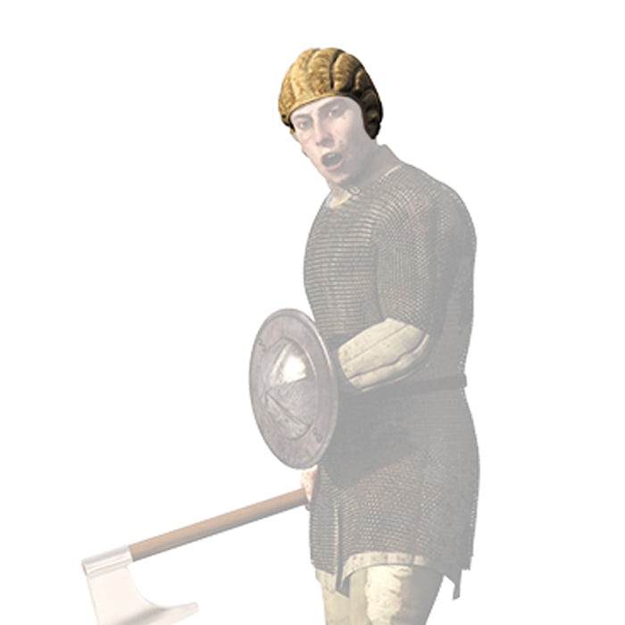 A CGI depiction of a medieval foot soldier, wearing a highlighted padded cap that is very similar in appearance to a rugby scrum cap.
