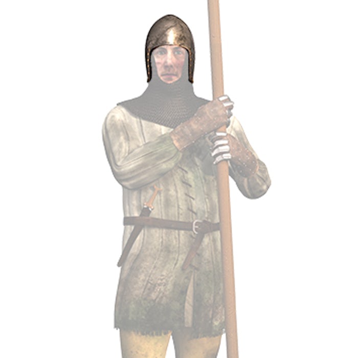 A CGI depiction of a medieval soldier, with his bronze-coloured helmet highlighted. The helmet covers his head down to his neck, but his face is exposed.