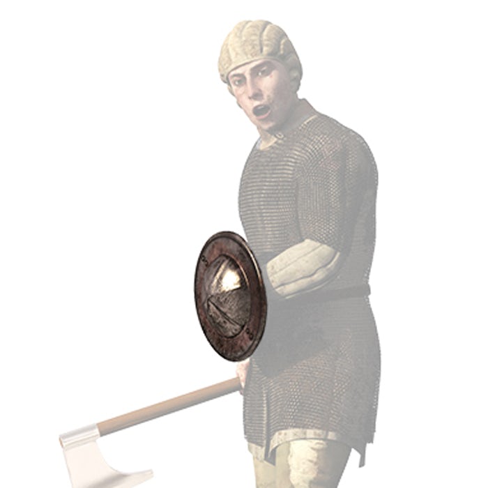 A CGI depiction of a medieval foot soldier, carrying a small round shield in one hand. The shield is highlighted in the diagram.