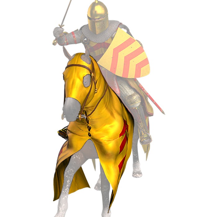 A CGI depiction of a medieval knight riding a war horse. The gold and red cloth cover over the front half of the horse is highlighted.