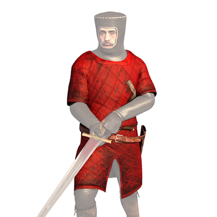 A CGI depiction of a medieval soldier, wearing a highlighted red tunic.