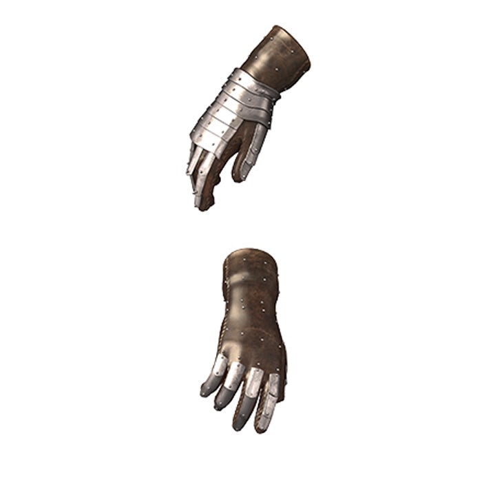 Two medieval leather gloves, with metal plates riveted over various sections, are displayed one above the other.