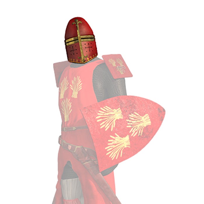 A CGI depiction of a medieval knight, with the red helmet highlighted. The helmet covers the whole head, with just tiny golden slits by the eyes and some breathing holes by the mouth.