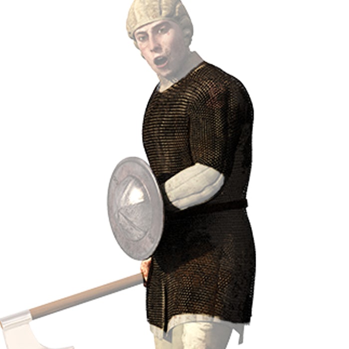 A CGI depiction of a medieval soldier. He wears a dark tunic made from mail, which is highlighted.