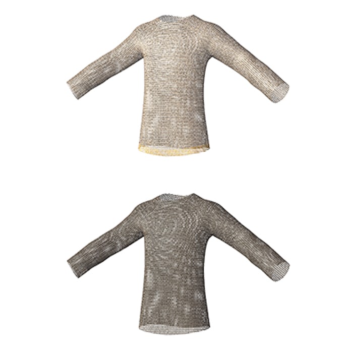 Two jumpers, made out of mail, are displayed one above the other. The top jumper is lighter in colour than the bottom one.