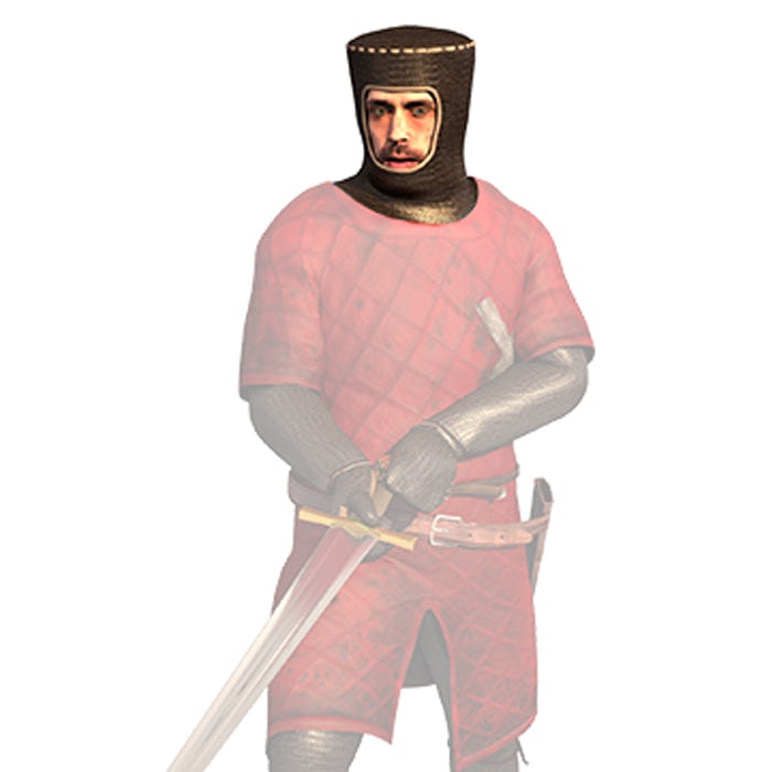 A CGI depiction of a medieval soldier. He wears an almost balaclava-style hood, which is highlighted.