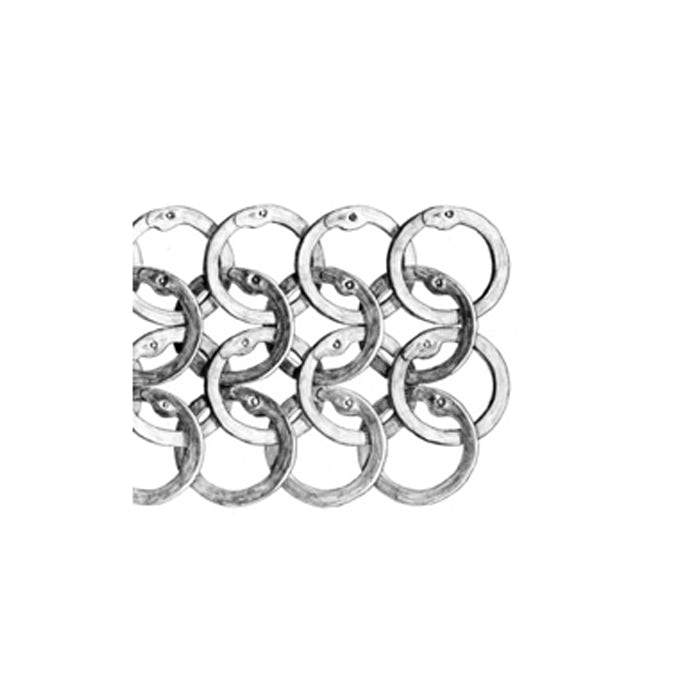 A close-up view of a section of mail, showing lots of metal hoops linked together in chains.
