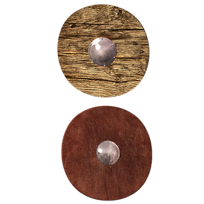 Two round wooden shields, with a metal centre, are displayed one over the other. The shield on top is made of a light wood; the one below is darker.