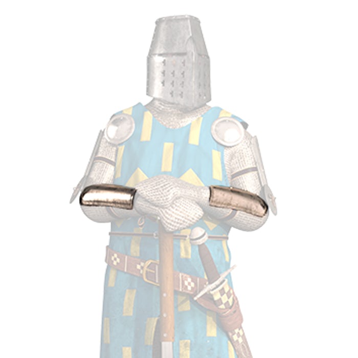 A CGI depiction of a medieval knight, with the metal armour plates on his forearms highlighted.