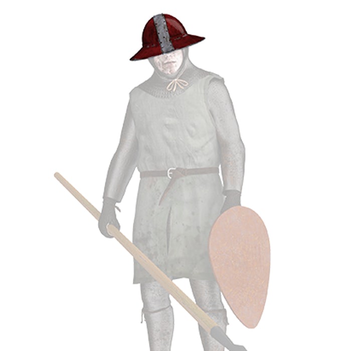 A CGI depiction of a medieval man wearing a war hat. The war hat is highlighted, and rather resembles a metal bowler hat.