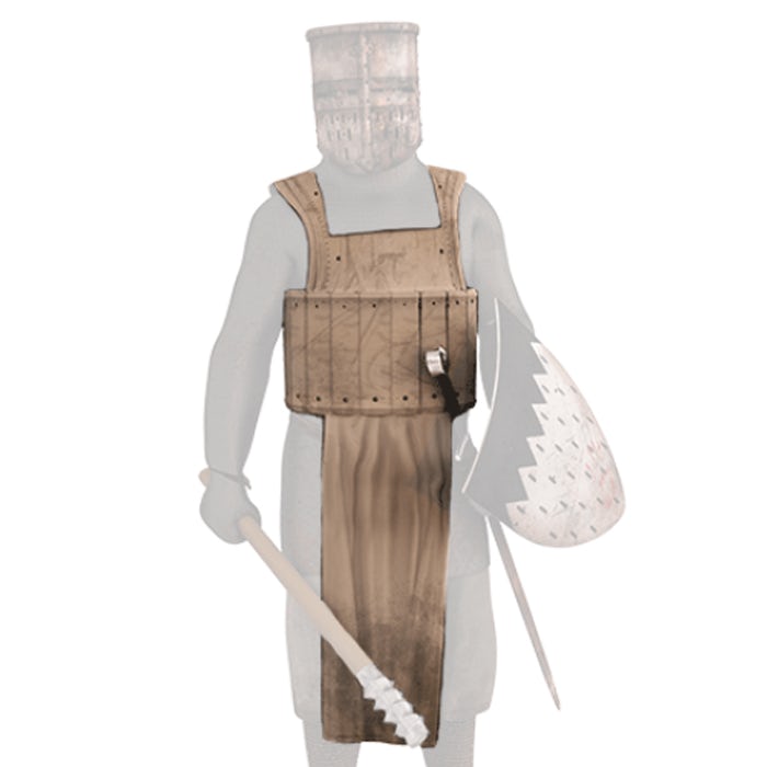 A CGI depiction of a medieval soldier. He wears what looks like a leather tank top, with reinforced panels across the stomach and a long apron hanging down at the front to just above his knees. This garment is highlighted on the diagram.