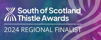 A purple and blue rectangle logo with white copy stating: South of Scotland Thistle Awards | 2024 Regional Finalists.