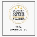 A logo showing a gold circle containing three stars and this copy: Scottish Borders Business Excellence Awards. Under the circle is black copy: 2024 Shortlisted.