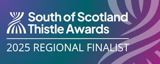 A purple and blue rectangle logo with white copy stating: South of Scotland Thistle Awards | 2025 Regional Finalist